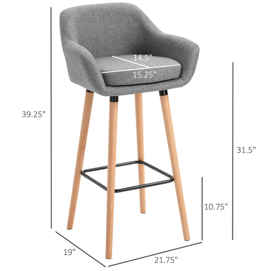 HOMCOM Modern Upholstered Fabric Seat Bar Stools Chairs Set of 2 with Metal Frame, Solid Wood Legs Living Room Dining Room Furniture Grey