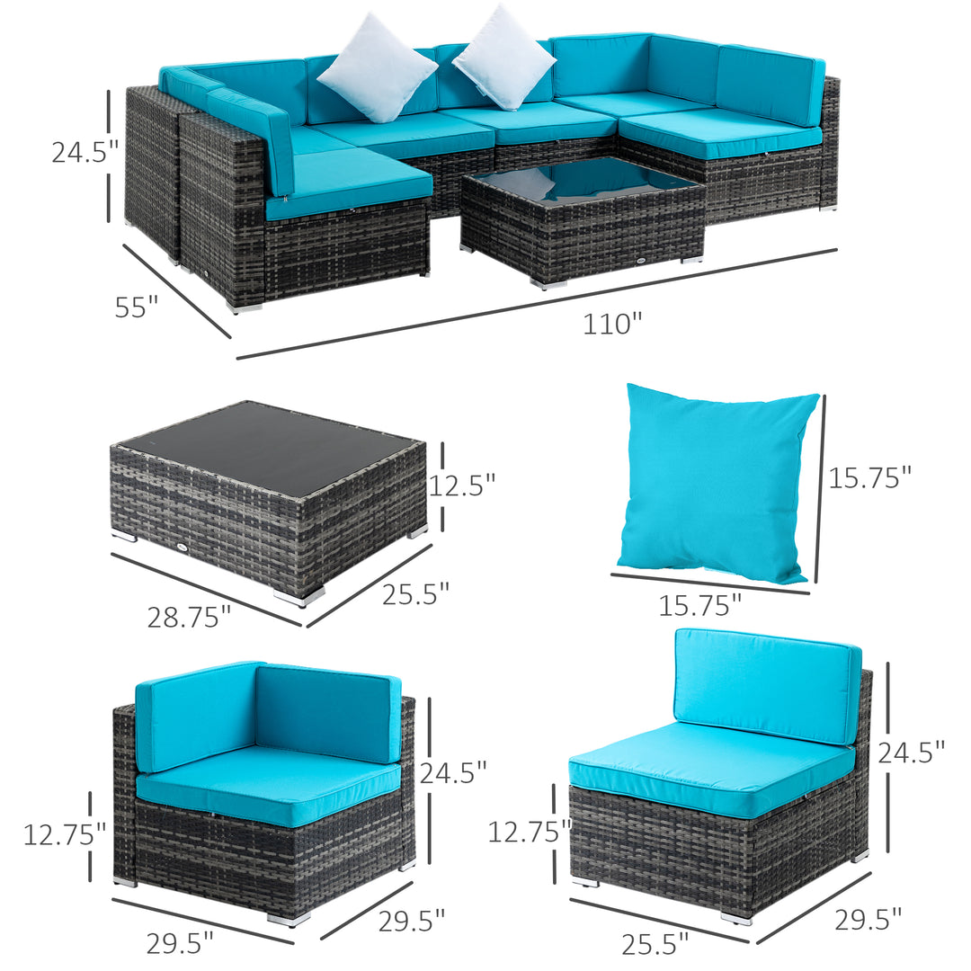 Outsunny 7 Pieces Outdoor Rattan Furniture Set, Patio Wicker Sectional Conversation Sofa Set w/ Cushions & Coffee Table