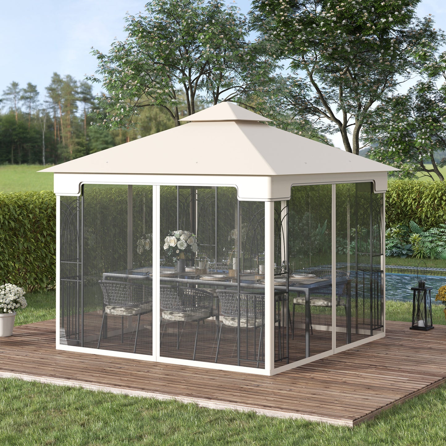 Outsunny 10'x10' Soft-top Patio Gazebo with Double Tier Roof, Mesh Curtains, Display Shelves, Top Hooks, Cream