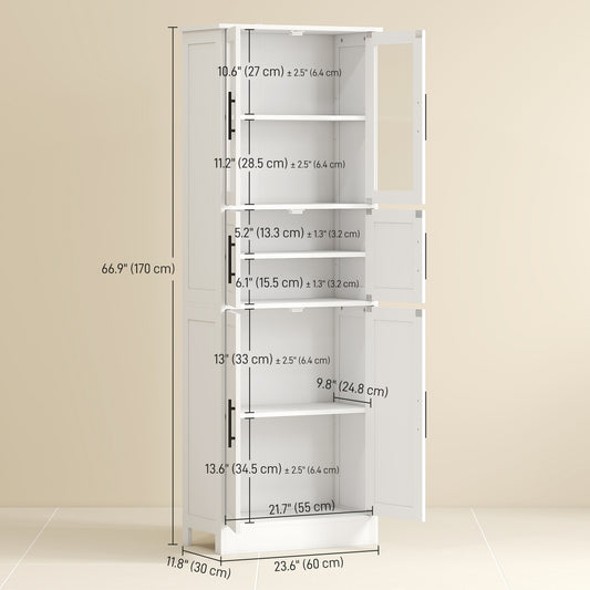 HOMCOM 67" Tall Bathroom Storage Cabinet, Modern Freestanding Bathroom Cabinet with Glass Doors and Adjustable Shelves, White