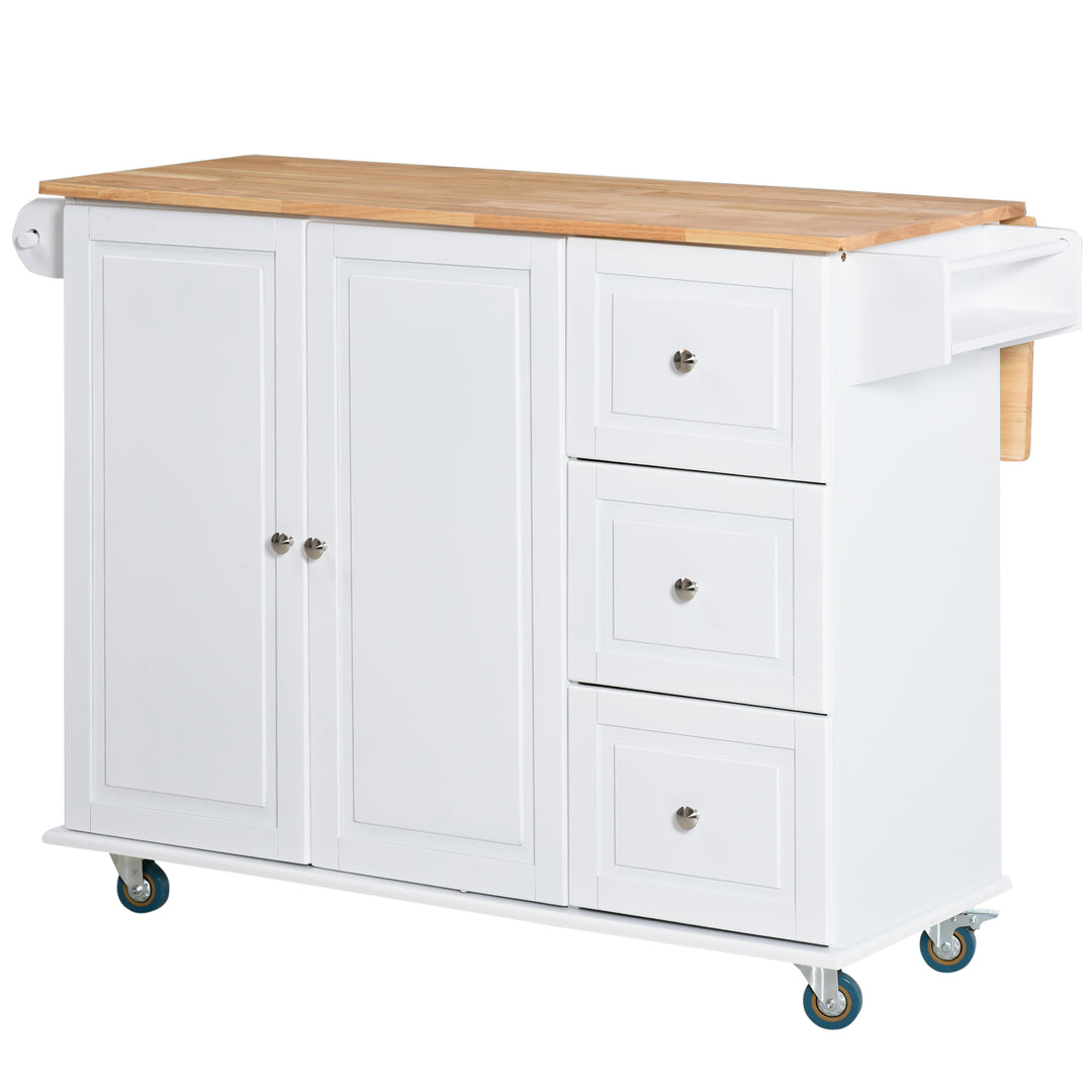 HOMCOM Rolling Kitchen Island with Drop Leaf, Kitchen Cart with Cabinet, 3 Drawers, Wood Top, White