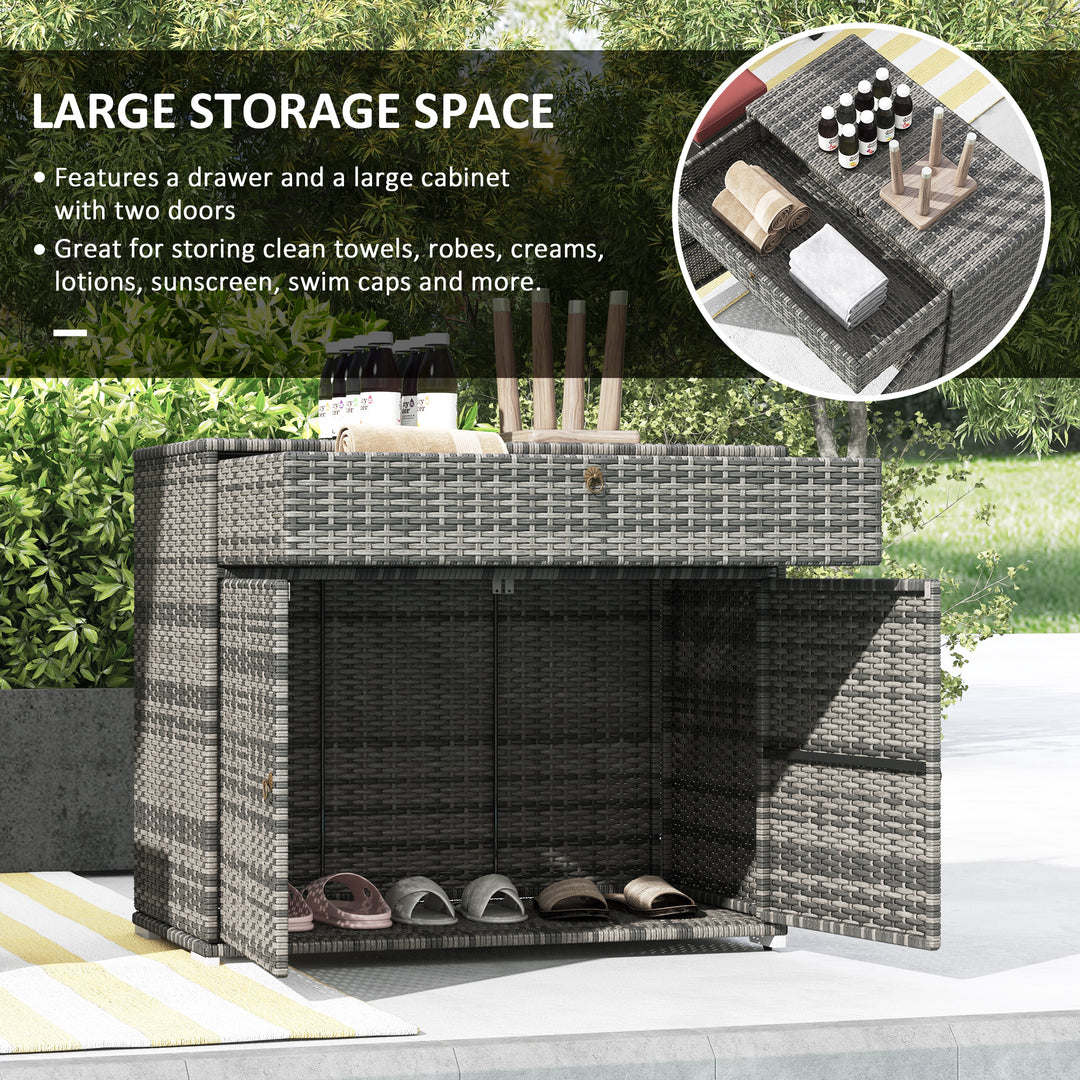 Outsunny Outdoor Storage Cabinet, Wicker 2-Door Pool Towel Storage Cabinet with Drawer, PE Rattan Pool Organizer, Grey
