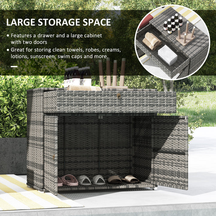 Outsunny Outdoor Storage Cabinet, Wicker 2-Door Pool Towel Storage Cabinet with Drawer, PE Rattan Pool Organizer, Grey