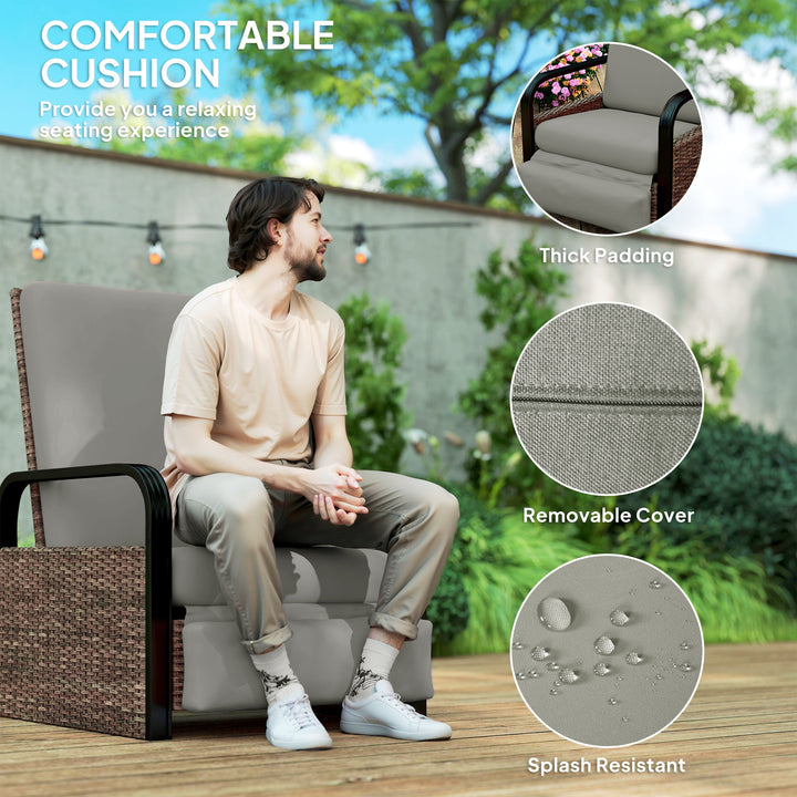 Outsunny Wicker Outdoor Recliner Chair, Reclining Lounge Chair with Adjustable Backrest, Footrest and Side Tray, Light Grey