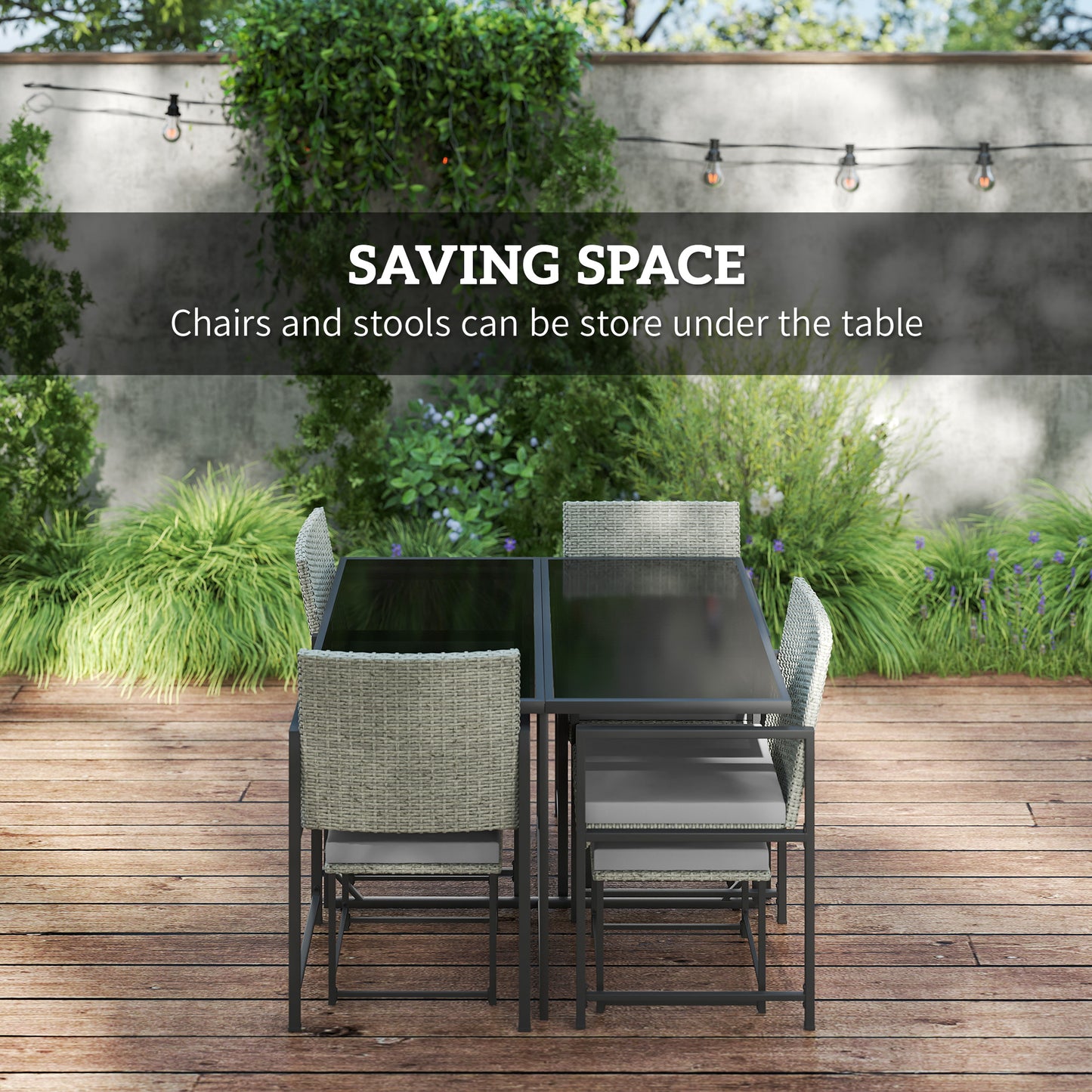 Outsunny 9 Pieces Wicker Patio Dining Set with 4 Armchairs, 4 Stools, Tempered Glass Top, Removable Cushions, Light Grey
