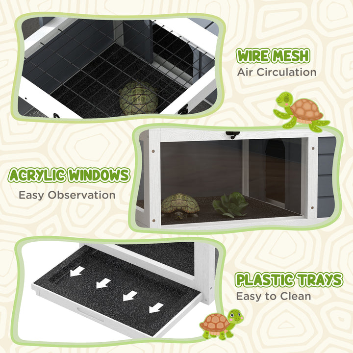 PawHut Tortoise House Wooden Tortoise Enclosure Indoor Outdoor with Adjustable Lamp Holder, Openable Lids, Pull-out Trays
