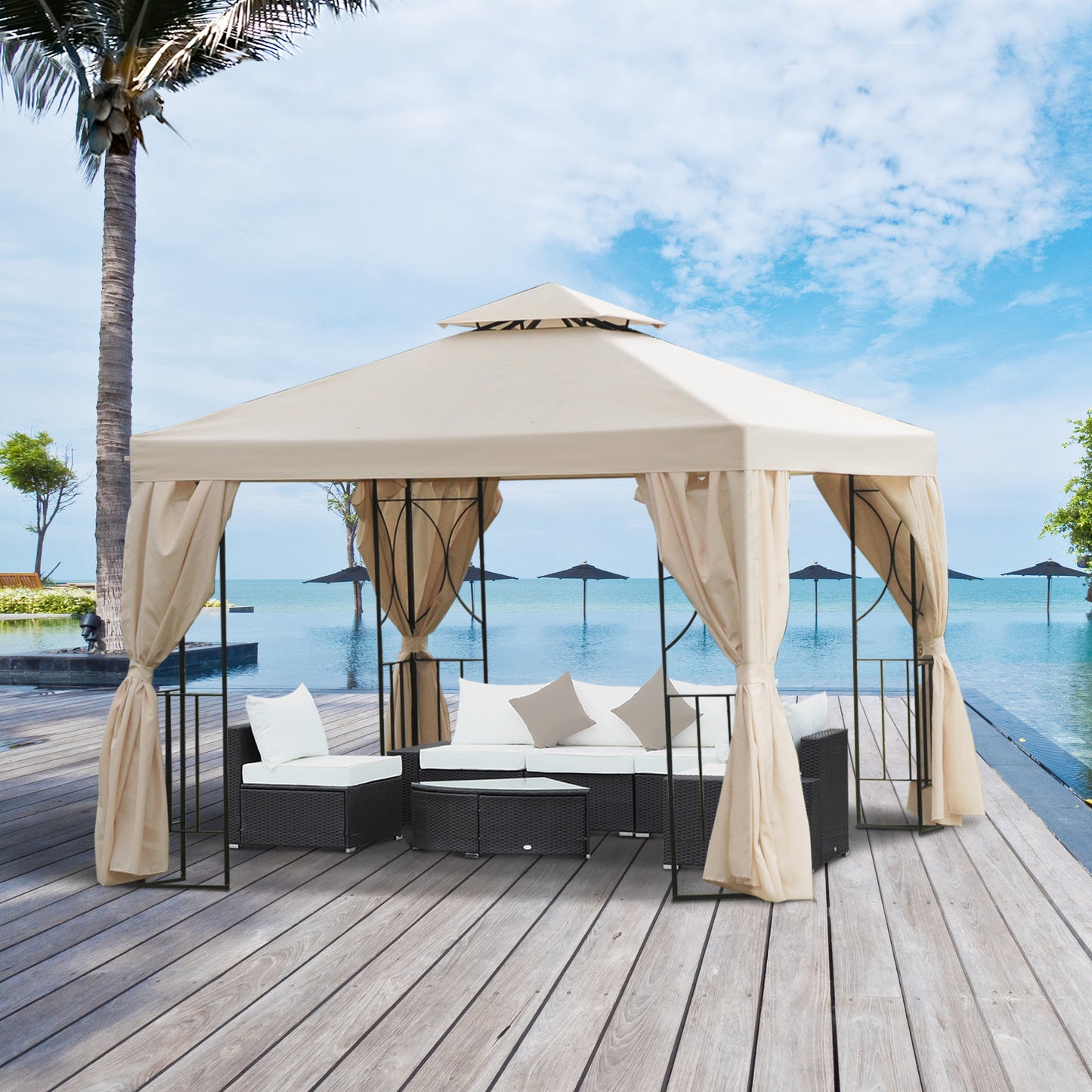 Outsunny 10' x 10' Patio Gazebo Outdoor, Canopy Shelter with Double-tier Roof, Pavilion Sidewalls for Garden Events, Cream White