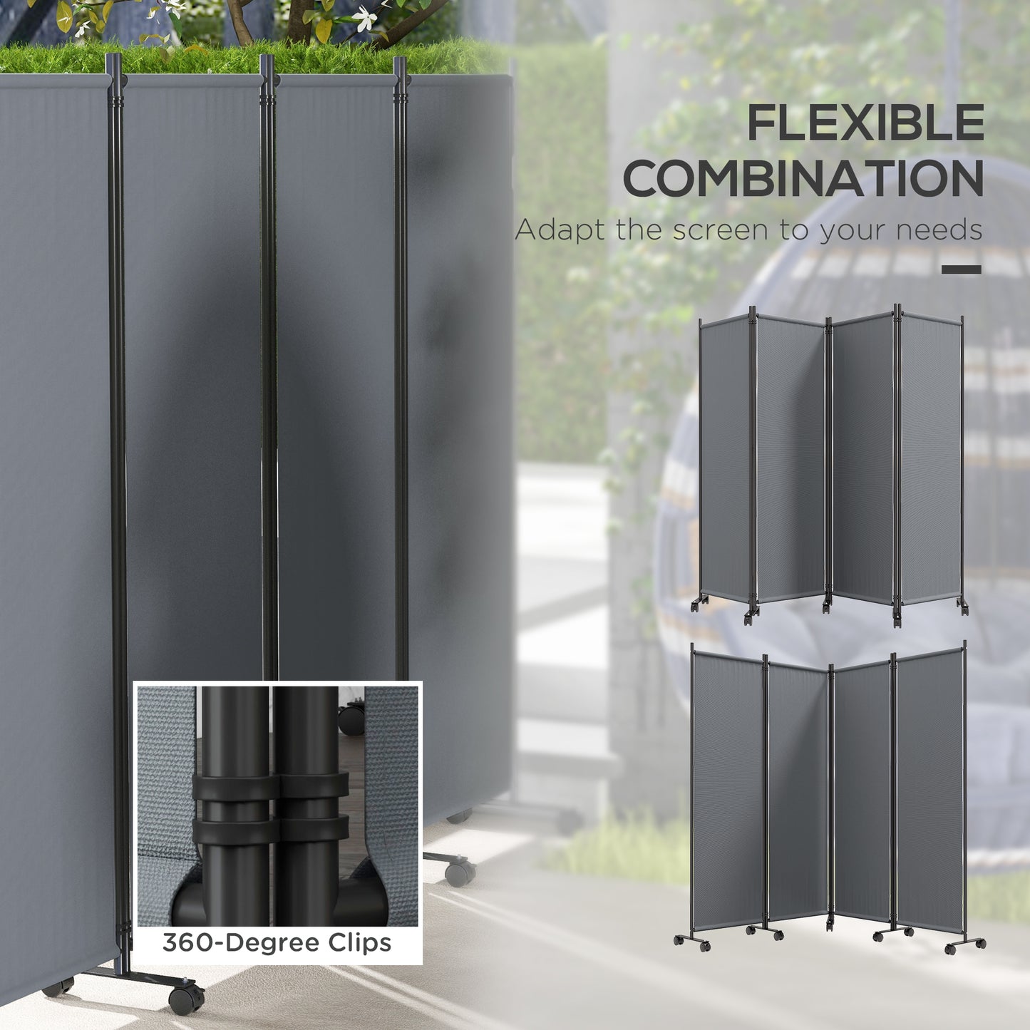 Outsunny Folding Room Divider with Castor Wheels, Rolling Privacy Screen for Patio Backyard Pool Hot Tub, 5.6ft Tall