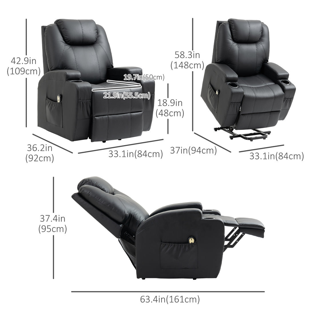HOMCOM Power Lift Recliner Chair for Elderly, PU Leather Lift Chair with Footrest, Remote Control, Side Pockets and Cup Holders, Reclining Sofa for Living Room, Black