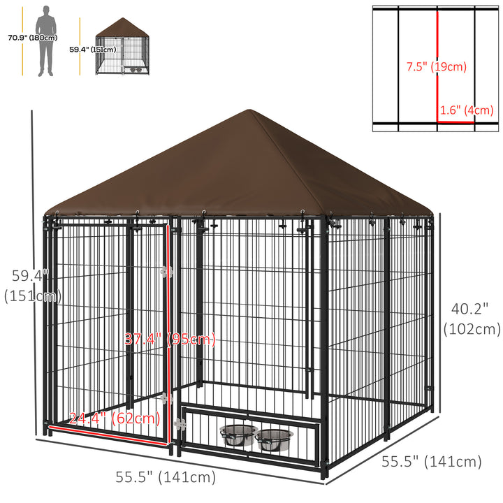 PawHut 4.6' x 4.6' x 5' Outdoor Dog Kennel with Canopy, Rotating Bowls, Coffee