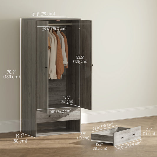 HOMCOM Modern Wardrobe Closet Armoire with 2 Drawers and Hanging Rod, Clothes Storage Organizer for Bedroom, Grey