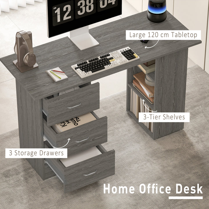 HOMCOM Computer Desk, 47" Writing Table with 3-Tier Shelves and 3 Reversible Drawers for Home Office, Bedroom, Grey
