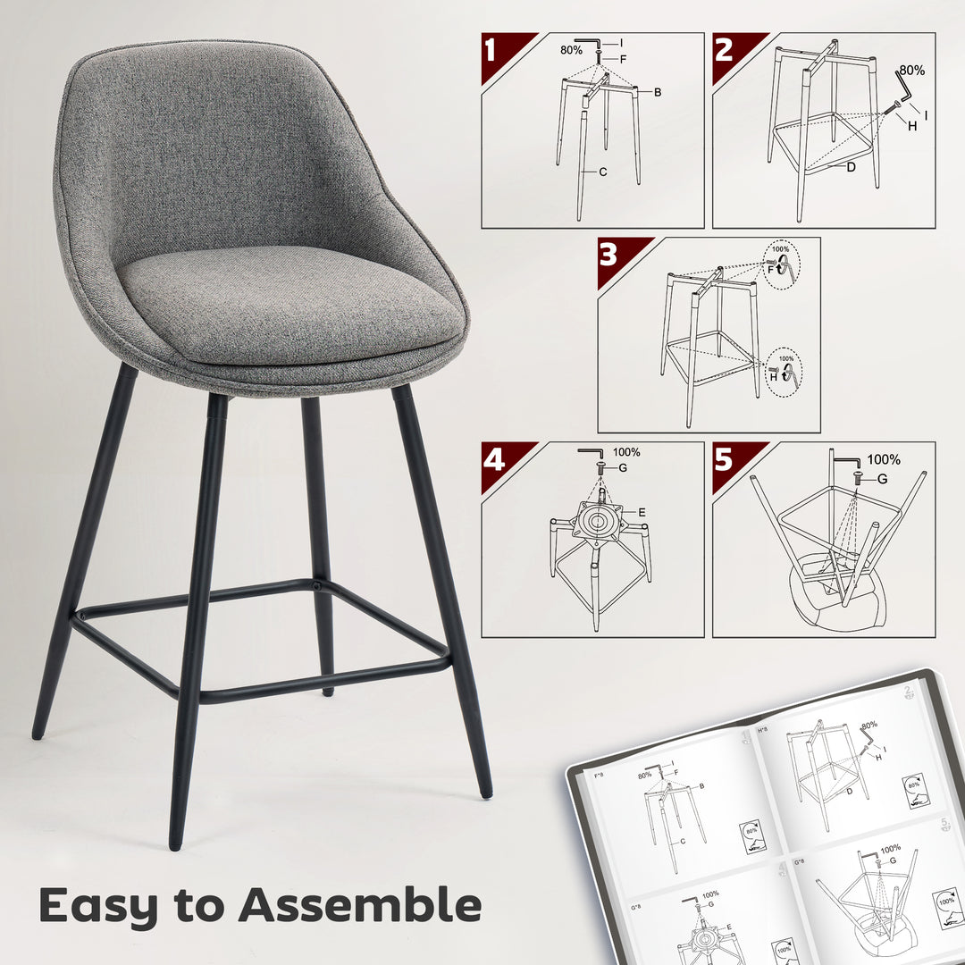 HOMCOM 26" Counter Height Barstools Set of 2, Upholstered Swivel Bar Stools with Backrests and Armrests, Dark Grey
