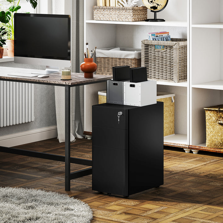 Vinsetto 3 Drawer Filing Cabinet, Lockable Steel Office Storage Cabinet with Hanging Bar for Letter, A4, Legal Files, White