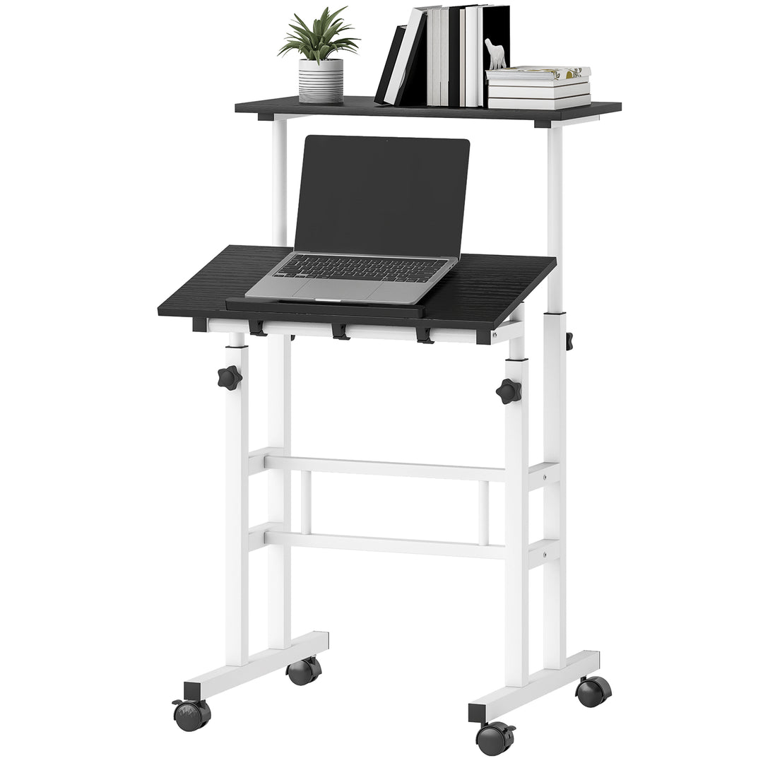 HOMCOM Stand Up Desk, Height & Angle Adjustable Computer Desk with Wheels for Standing or Sitting, Laptop Table, Natural
