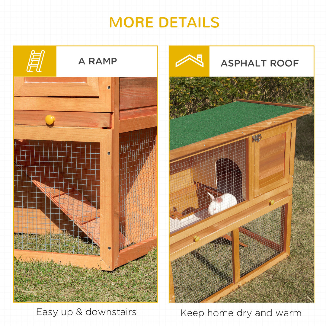 PawHut Wooden Rabbit Hutch, Indoor Outdoor Bunny Cage with Run, 2- Level Guinea Pig House with Slide-Out Tray, Waterproof Roof, Yellow