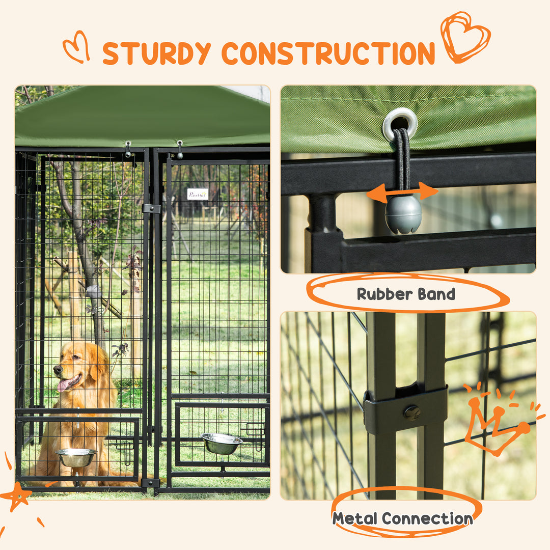 PawHut Outdoor Dog Kennel, Lockable Pet Playpen Crate, Welded Wire Steel Fence, Rotating Bowl Holders, Green