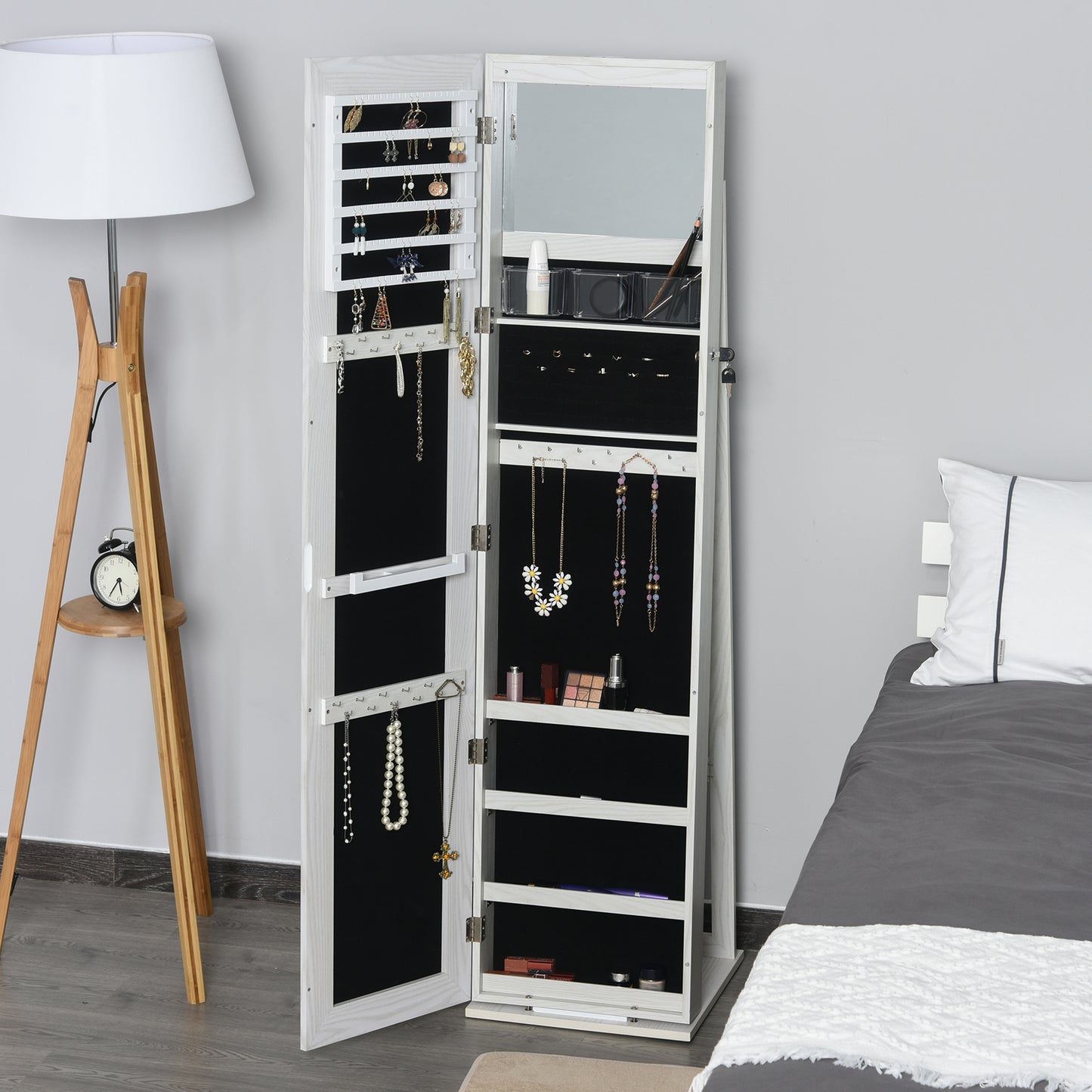 HOMCOM Mirror Jewelry Cabinet Armoire, Lockable Jewelry Organizer with Full-Length Mirror, LED Lights, Standing Jewelry Armoire in White Wood