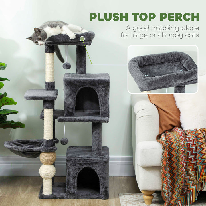 PawHut Cat Tower, 42" Multi-Level Cat Tree with Padded Plush Perch, Hammock, 2 Door Condos, Scratching Posts, Toy Balls