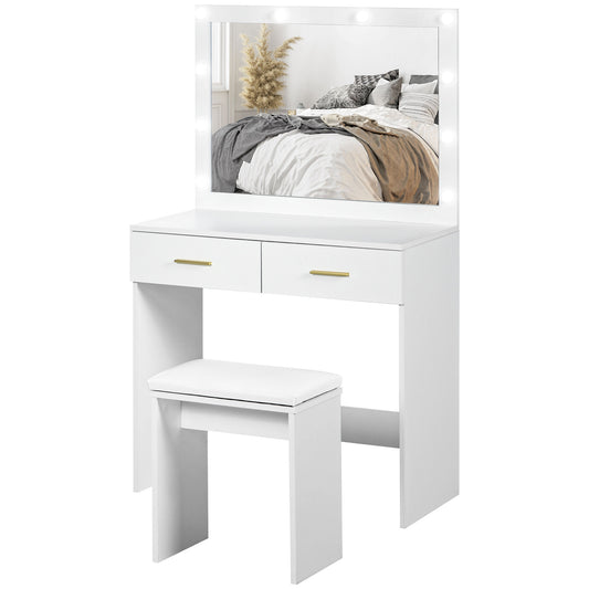 HOMCOM Makeup Vanity Desk Set with Stool, Dressing Table with LED Lighting Mirror, Drawers, for Bedroom, White