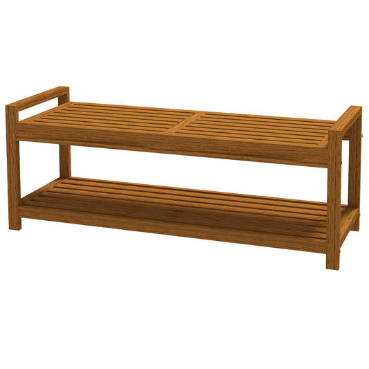 Outsunny Garden Stool with Storage Shelf, Slatted Seat for Indoor Conservatory, Garden, Poolside, Deck, Teak
