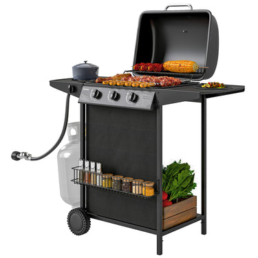 Outsunny 3+1 Burner Propane Gas BBQ Grill, Portable Gas Barbecue Grill with Side Burner, Thermometer, Lid, Side Table, Shelf, Spice Rack, Wheels, Grease Cup for Garden, Black