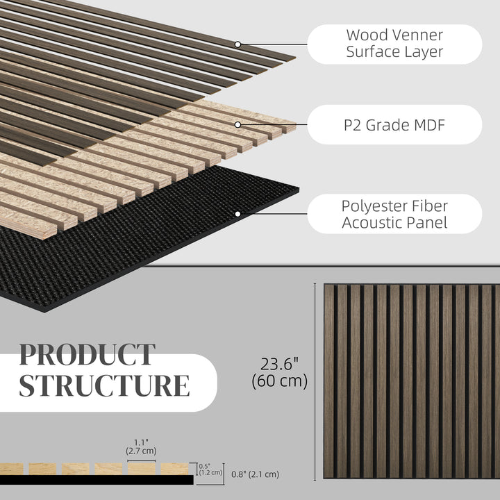 HOMCOM 24"x24" Wood Panels for Wall, 4 Pack Acoustic Panels, Sound Absorbing Slat Wall For Interior Wall Decor, Home, Grey