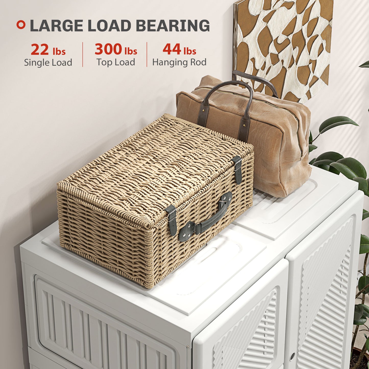 HOMCOM Portable Wardrobe, Foldable Clothes Storage Organzier with 5 Compartments, 1 Hanging Rod, Magnet Doors, White