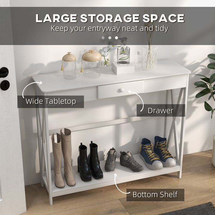 HOMCOM 39" Console Table, 2 Tier X-Design Narrow Entryway Table with Drawer and Storage Shelf for Behind Couch, Living Room, Hallway, White