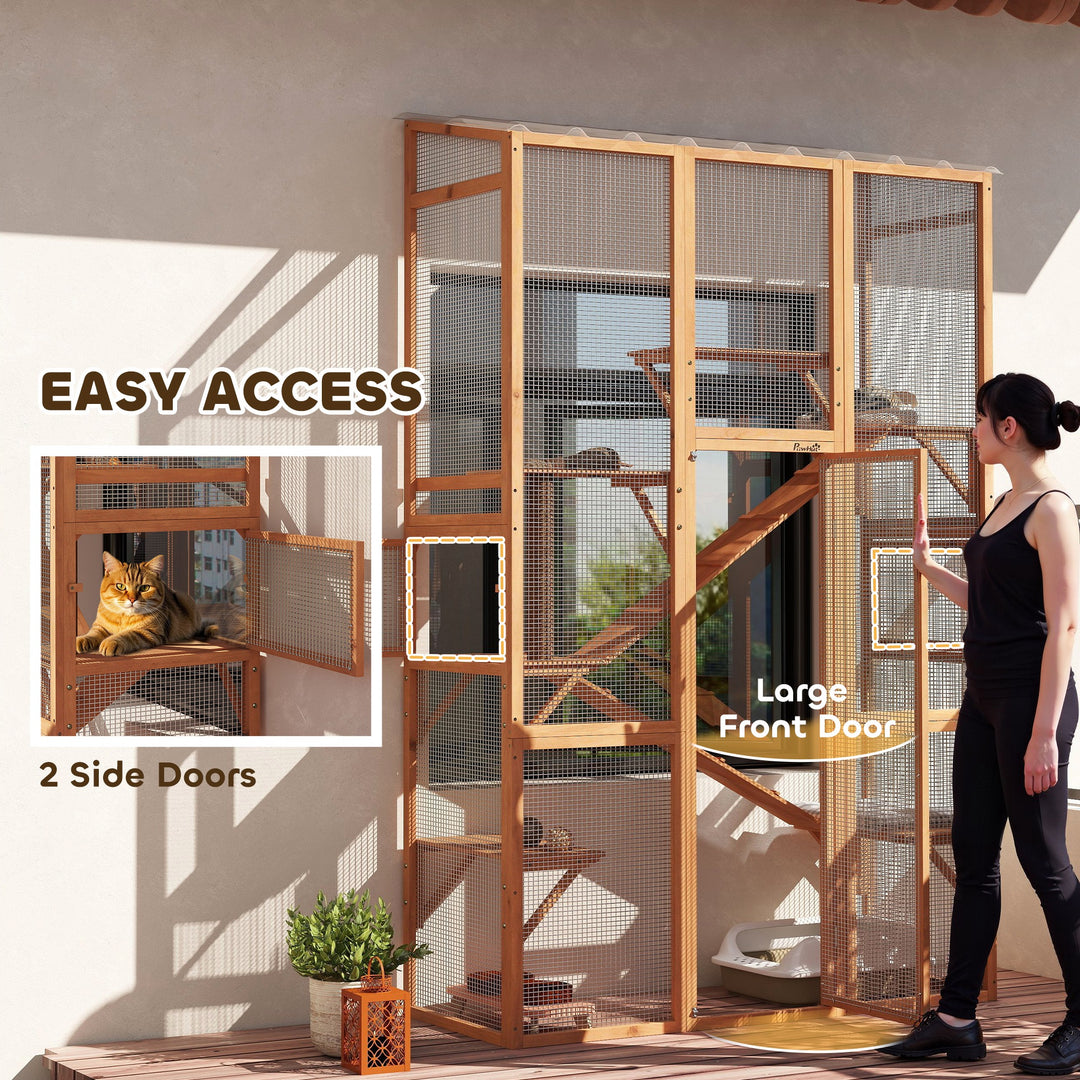 PawHut Wooden Catio Outdoor Cat Enclosure with 6 Jumping Platforms, Scratching Post, 2 Ramps, Waterproof Roof, for 2-3 Kittens