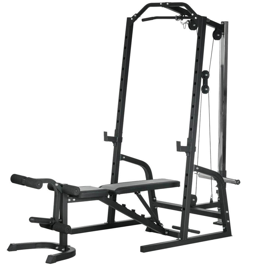 Soozier Smith Machine, Multi-Functional Power Cage w/ Adjustable Bench, Barbell Bar, Cable Pulley System, 15-Level Squat Rack