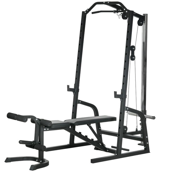 Soozier Smith Machine, Multi-Functional Power Cage w/ Adjustable Bench, Barbell Bar, Cable Pulley System, 15-Level Squat Rack