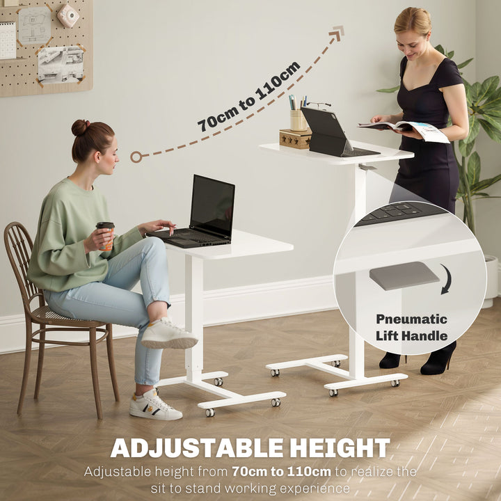 HOMCOM Pneumatic Standing Desk Adjustable Height, Mobile Stand Up Desk with Wheels, 43 Inch Portable Rolling Table, White
