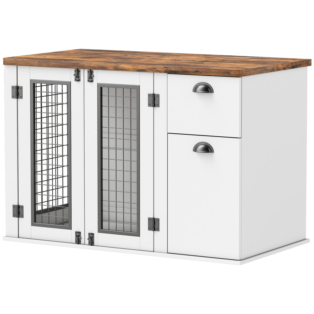 PawHut 44" Dog Crate Furniture with Double Doors, Storage Drawer, for Medium Dogs, White