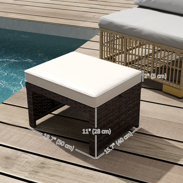 Outsunny 2 Pieces Wicker Outdoor Ottomans with Removable Cushions, Rattan Outdoor Seating, Footrest and Side Table, Khaki