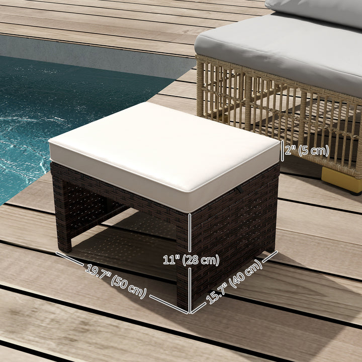 Outsunny 2 Pieces Wicker Outdoor Ottomans with Removable Cushions, Rattan Outdoor Seating, Footrest and Side Table, Khaki