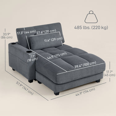 HOMCOM 58" Chaise Lounge Indoor, Oversized Corduroy Sofa Bed with 2 Cup Holders, Pillow, Deep Seat Sleeper Couch, Dark Grey
