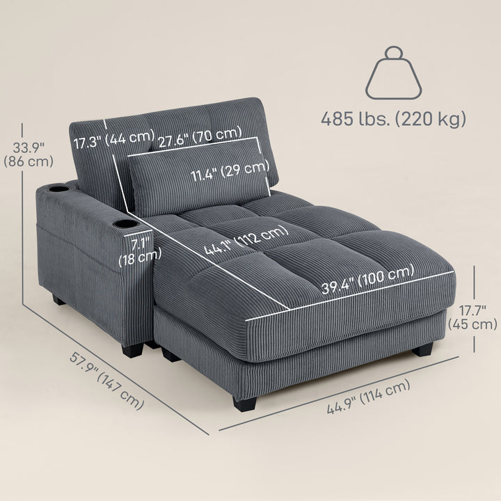 HOMCOM 58" Chaise Lounge Indoor, Oversized Corduroy Sofa Bed with 2 Cup Holders, Pillow, Deep Seat Sleeper Couch, Dark Grey