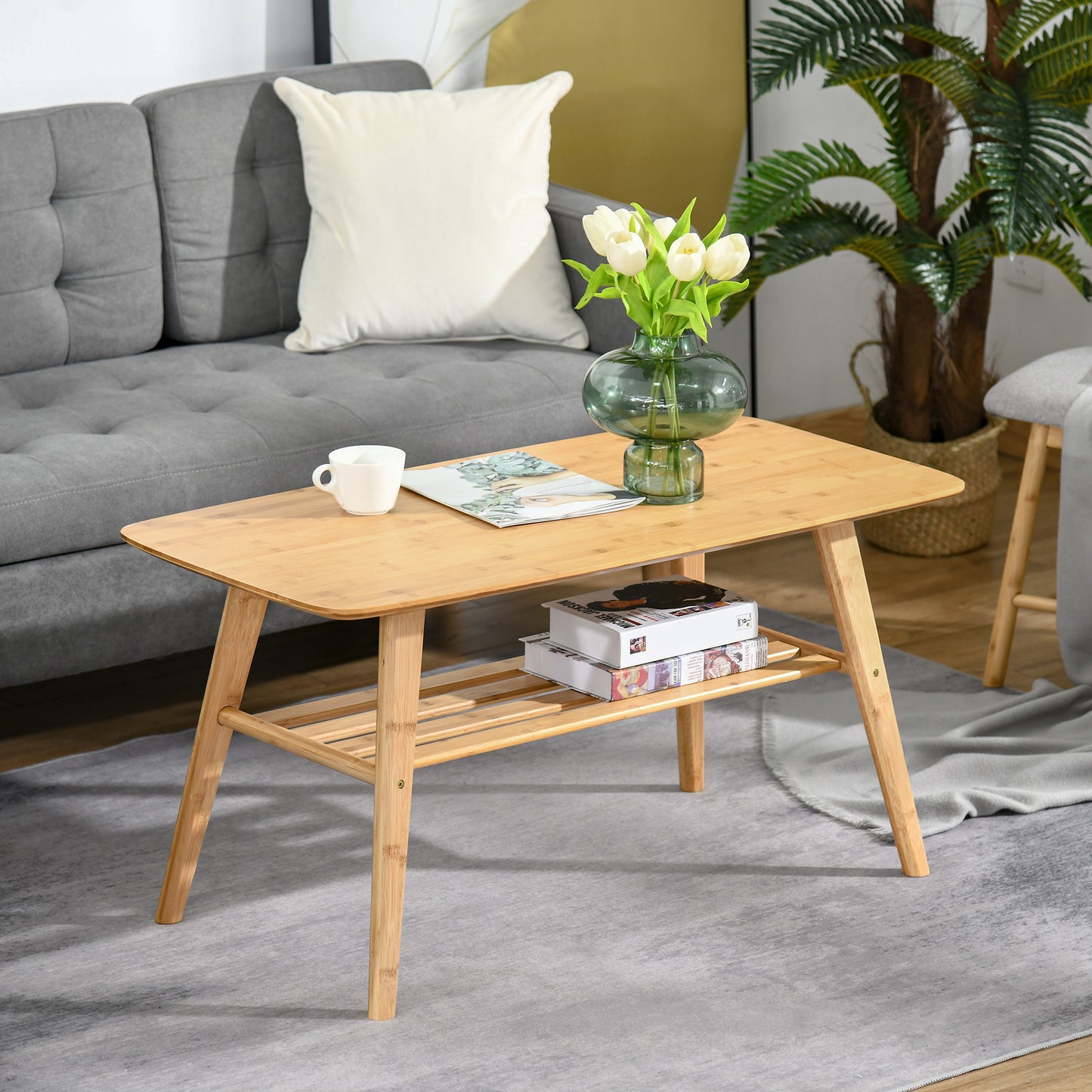 HOMCOM 2 Tier Coffee Table Bamboo Tea Table with Storage Shelf Sleek Rectangle Desk Wood Grain Living Room Home Furniture 39.25" x 19.75" x 19.75"