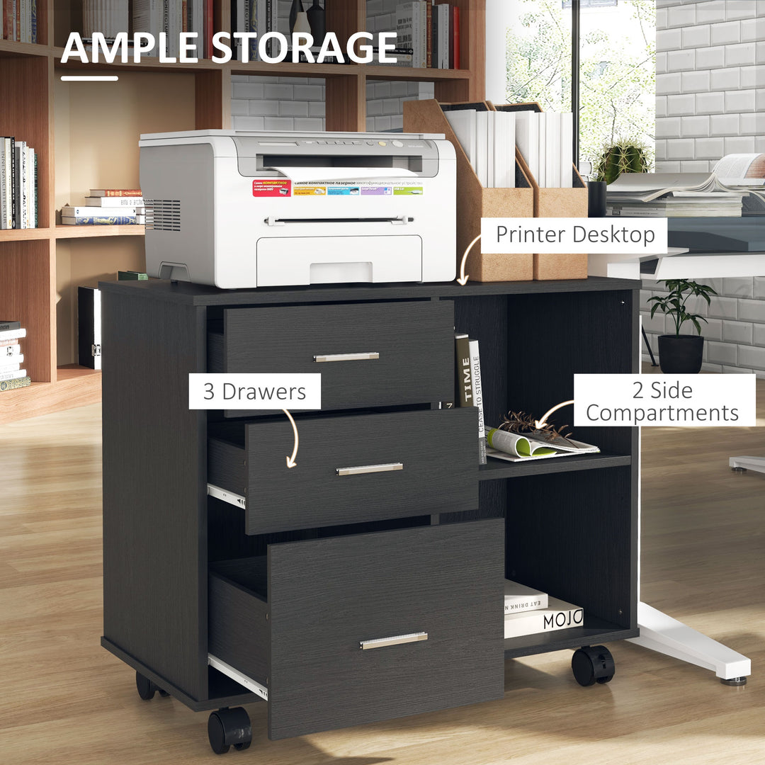 HOMCOM Modern Lateral Filing Cabinet, 3 Drawer File Cabinet for Letter and A4 Size Documents, Mobile, Printer Stand with Open Shelves, Rolling Wheels, White