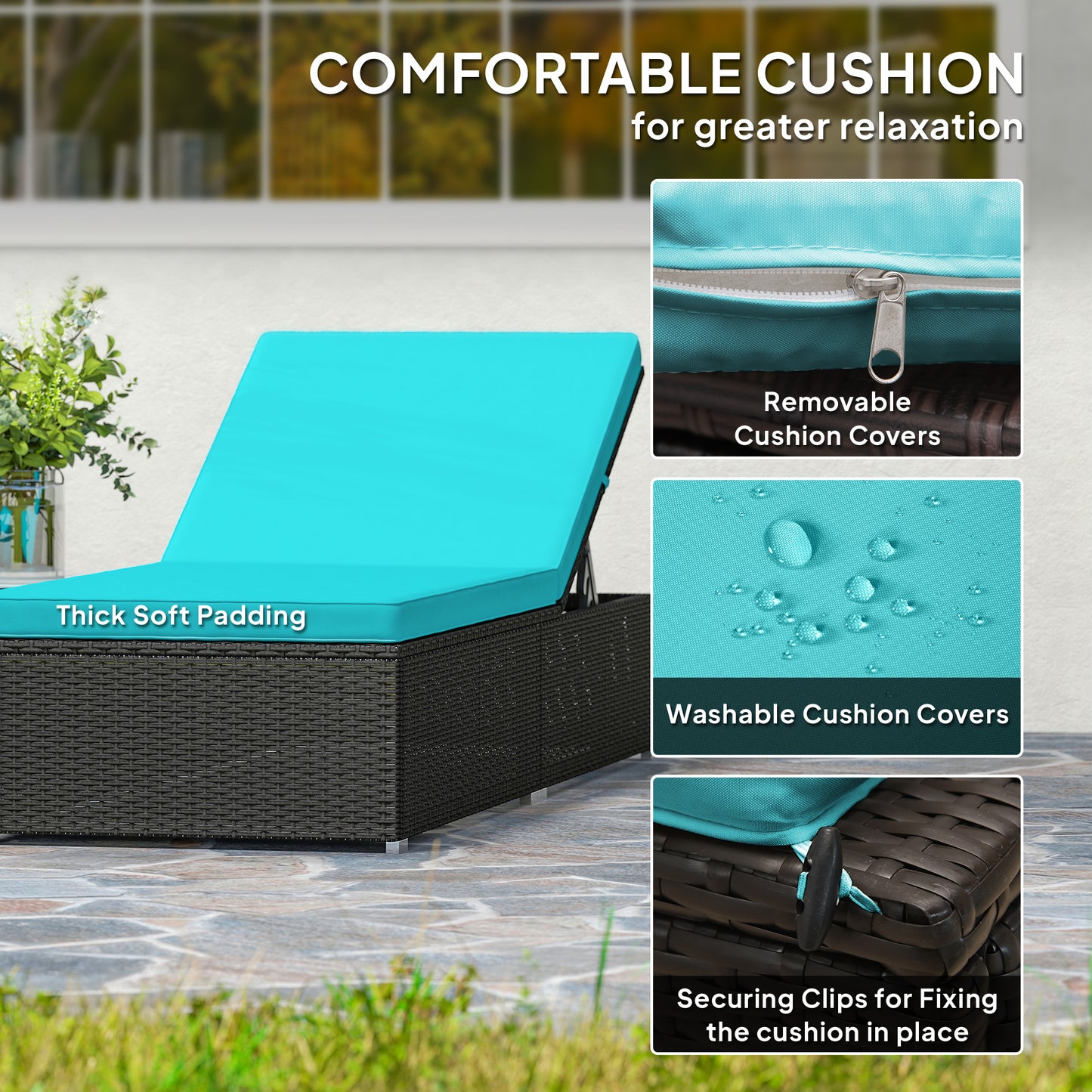 Outsunny 3pc Rattan Lounge Chair Set with Side Table Outdoor Patio Synthetic Rattan Wicker Sun Bed Set with Cushion