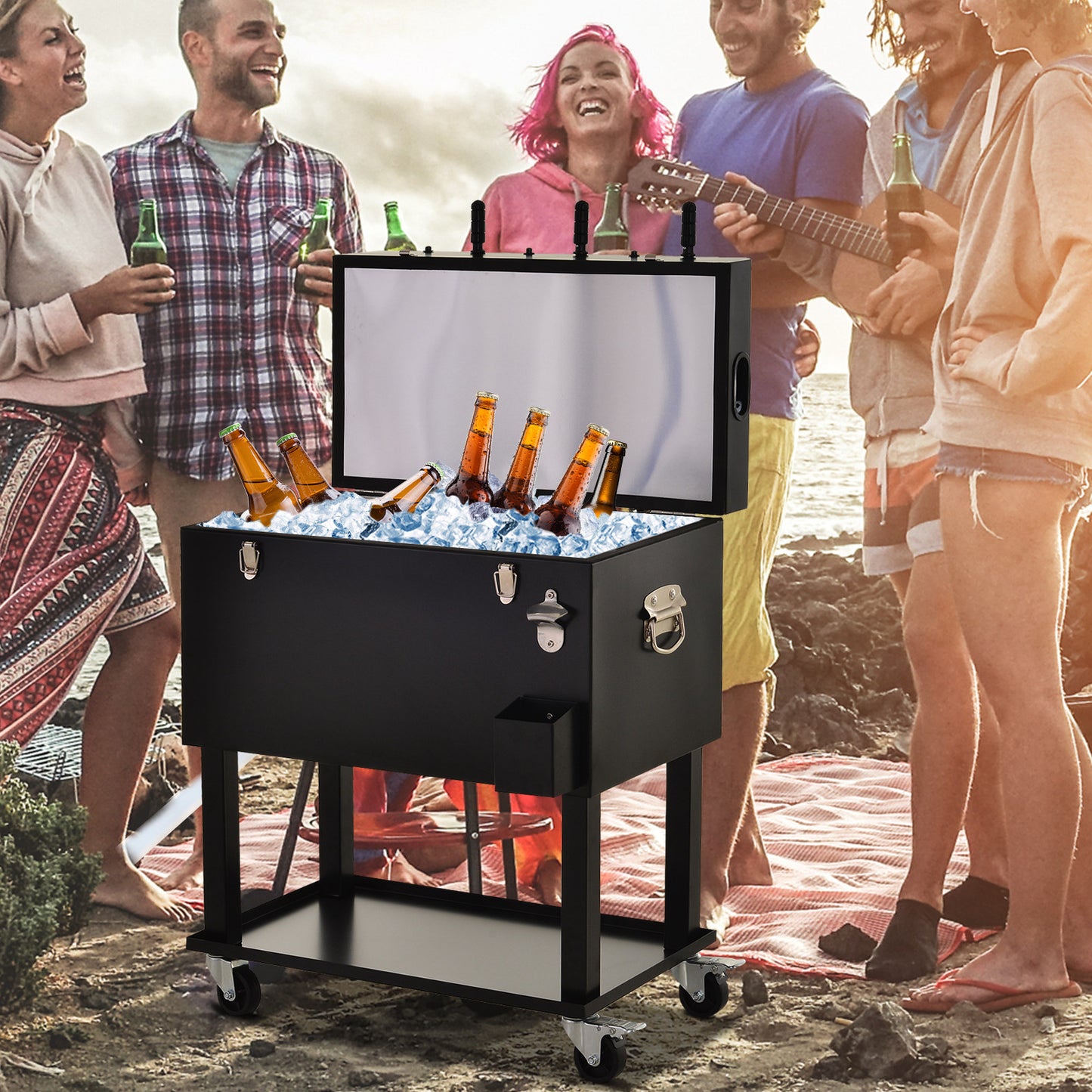 Outsunny 68QT Patio Cooler Ice Chest with Foosball Table Top, Portable Poolside Party Bar Cold Drink Rolling Cart on Wheels with Tray Shelf Black