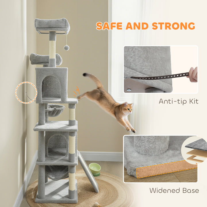 PawHut Cat Tree, 70" Multi-Level Cat Tower with 2 Condos, 2 Perches, Hammock, Toy Balls, Scratching Posts and Board, Green