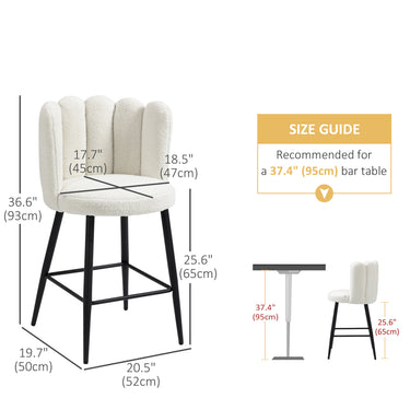 HOMCOM Faux Cashmere Bar Stools Set of 2 Counter Height Bar Stools with Back for Home Kitchen, 20.5"x19.7"x36.6", Cream