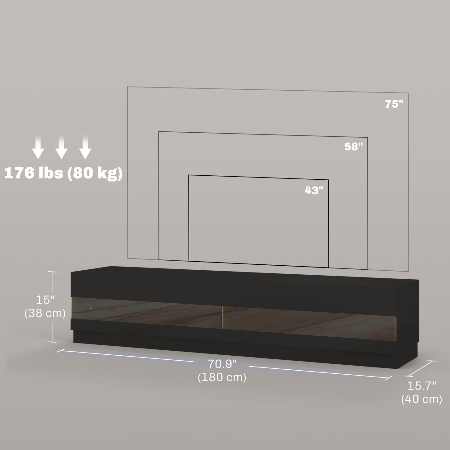 HOMCOM Lighted TV Stand for TVs up to 75", TV Cabinet with Storage for Living Room, High Gloss White