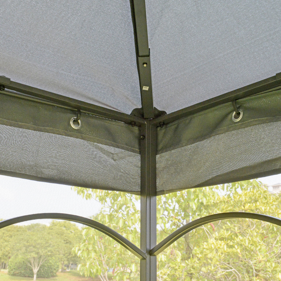 Outsunny 10' x 10' Steel Outdoor Patio Gazebo Canopy with Removable Mesh Curtains, Display Shelves, & Steel Frame, Grey