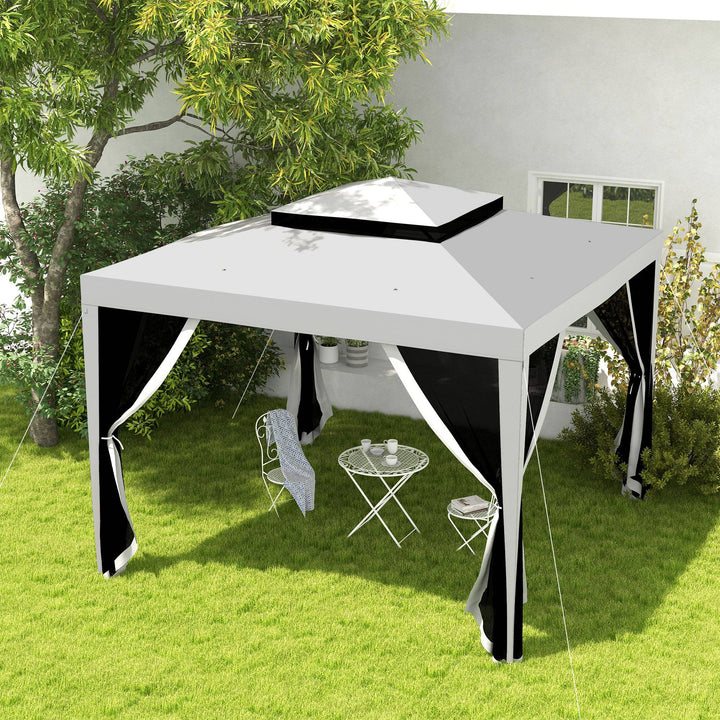 Outsunny 10' x 10' Outdoor Canopy Tent Party Tent with Mesh Netting and Double Tier Roof for Backyard, Garden, Patio, Light Grey