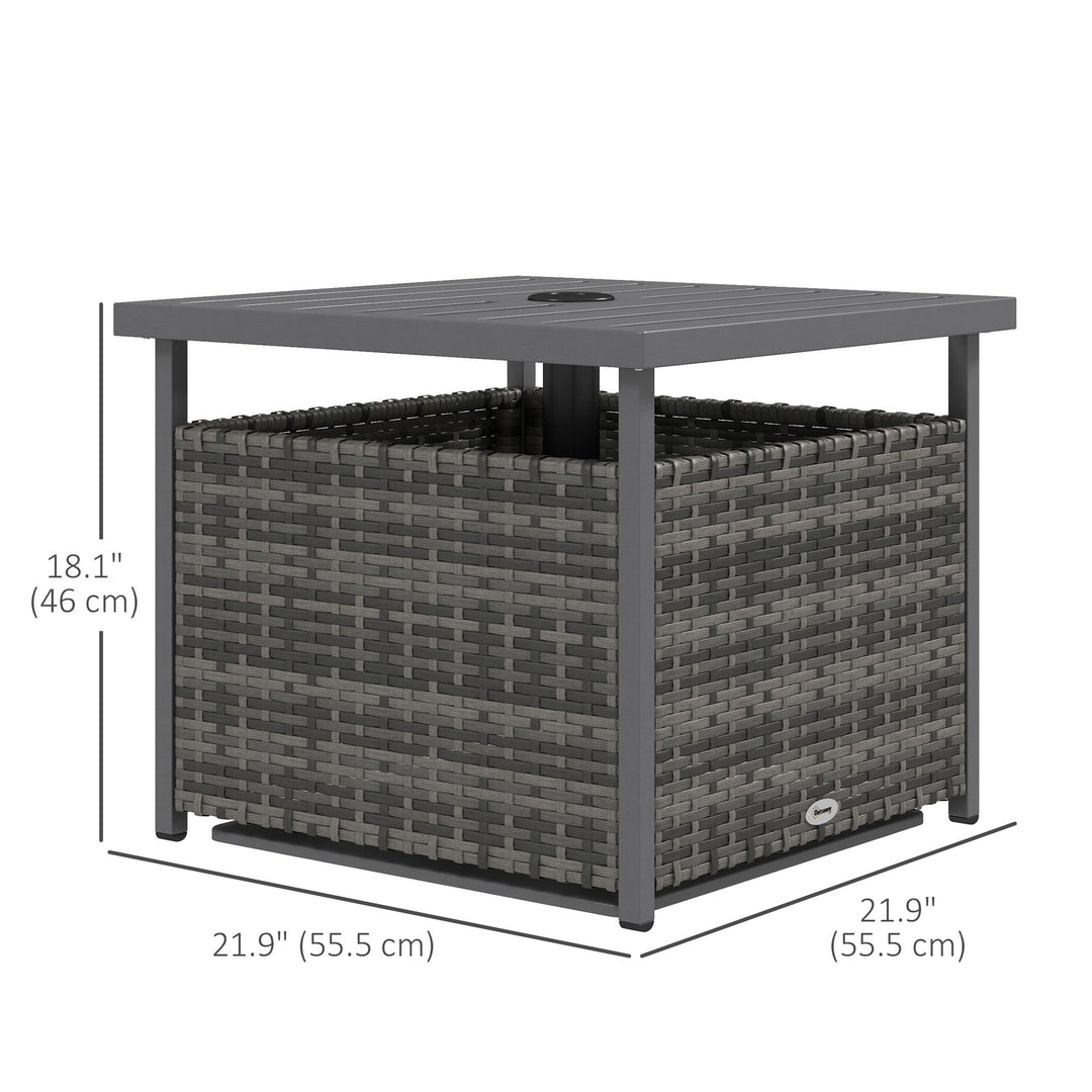 Outsunny 21.75" Outdoor Rattan Wicker Patio Coffee Table with Umbrella Hole, Patio Side Table with Slatted Metal Top, Brown