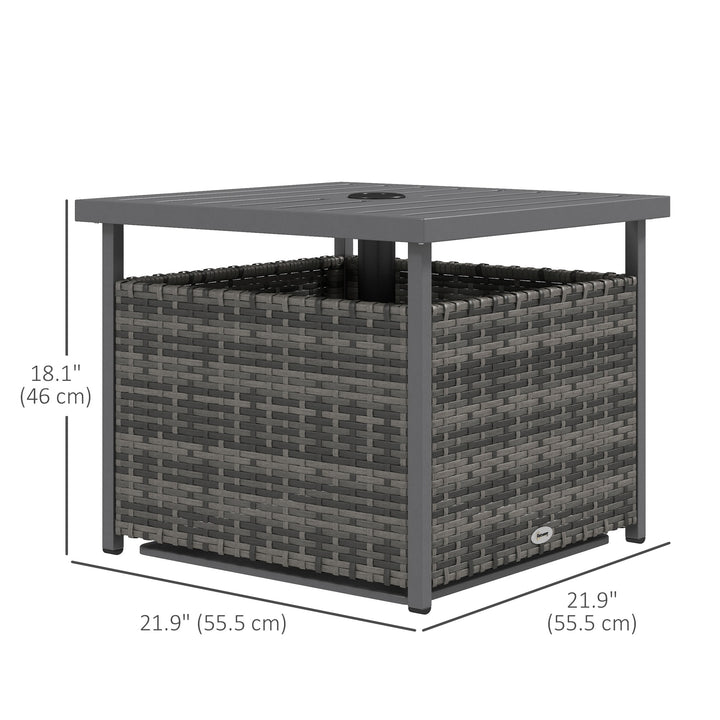 Outsunny 21.75" Outdoor Rattan Wicker Patio Coffee Table with Umbrella Hole, Patio Side Table with Slatted Metal Top, Brown
