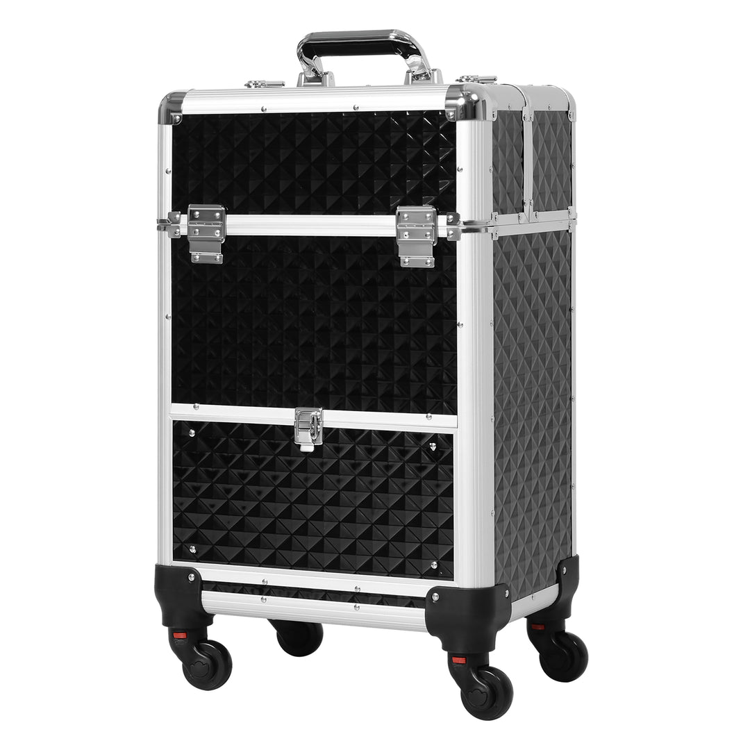 HOMCOM Portable Aluminum Makeup Train Cases, Rolling Makeup Case, Salon Beauty Cosmetic Jewelry Organizer Trolley with 4 Wheels, Pink